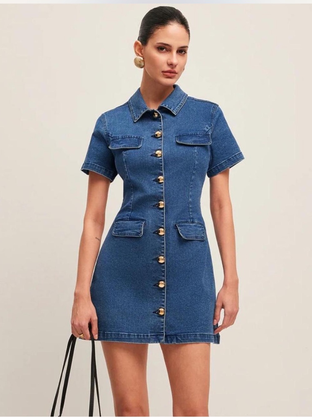 Commense Blue Denim Button-Front Mini Dress